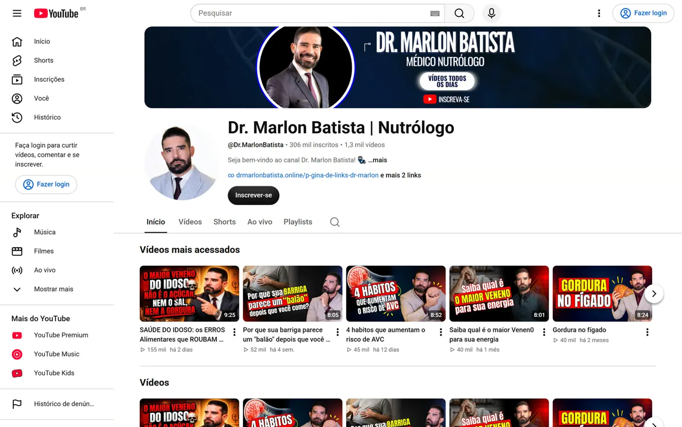 Canal do Dr. Marlon Batista no YouTube: 306 mil inscritos e 1,3 mil vídeos
